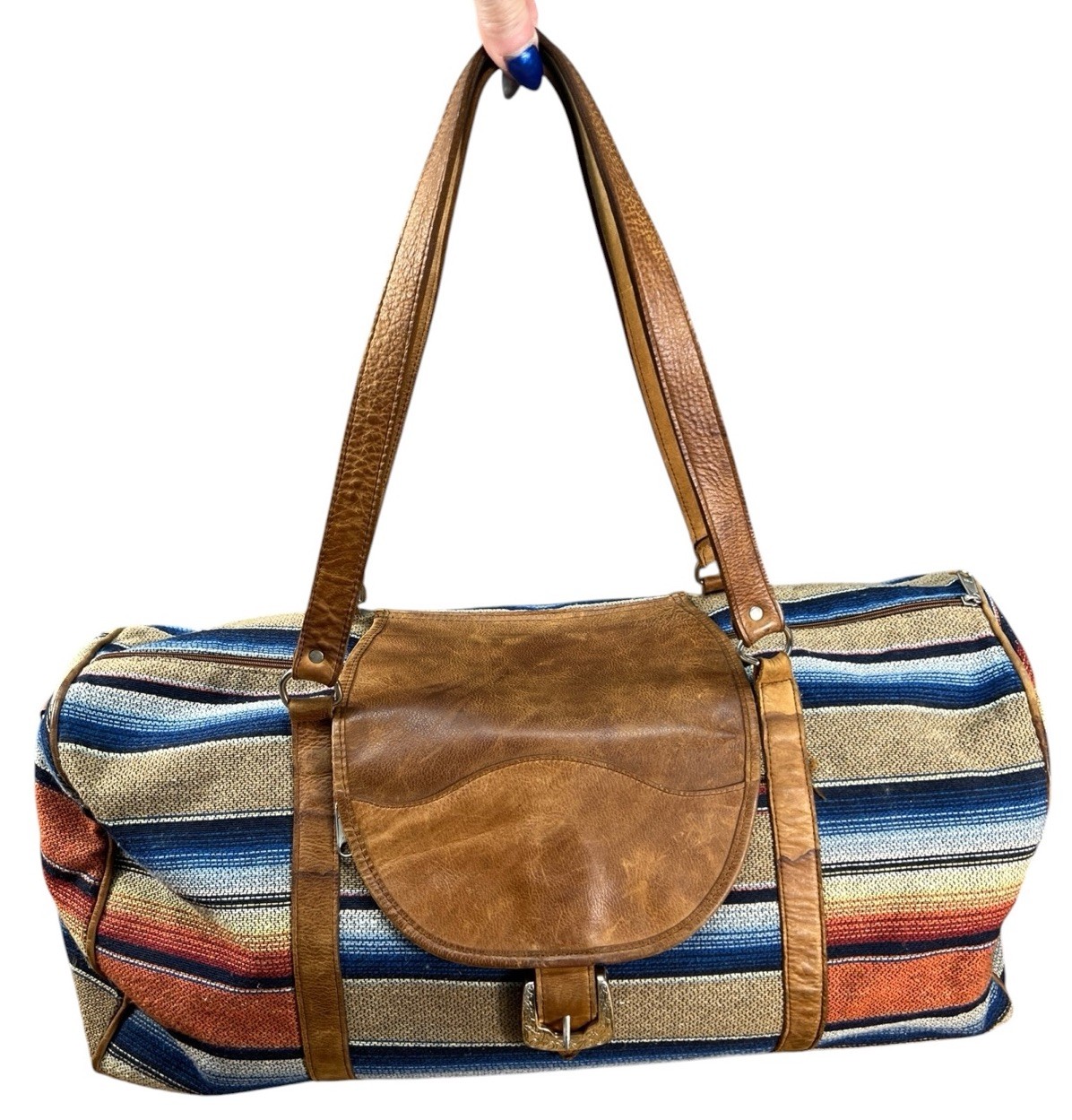 Vintage Navasota Duffle Overnight Bag Striped Teill Leather Southwest Western