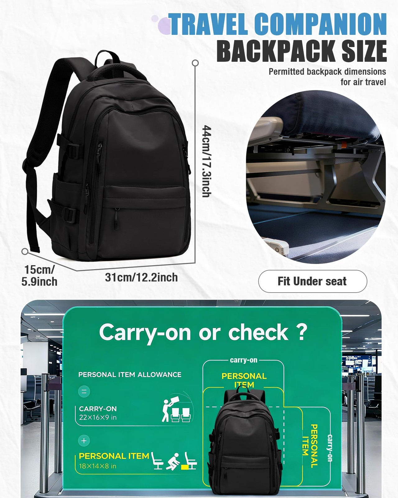 Carry on Backpack Airline Approved Travel Backpack Waterproof Under Seat