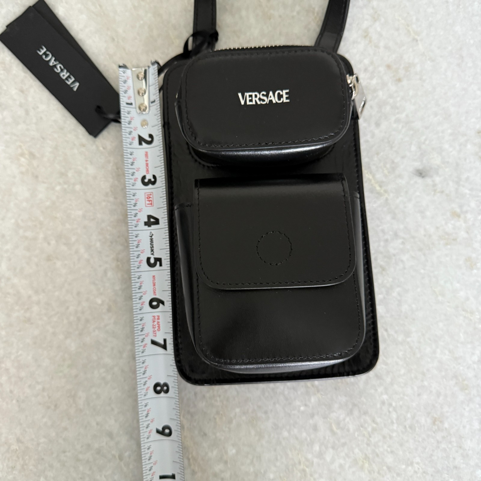 VERSACE 1013558 Phone Pouch Bag Black Calf Leather with lanyard