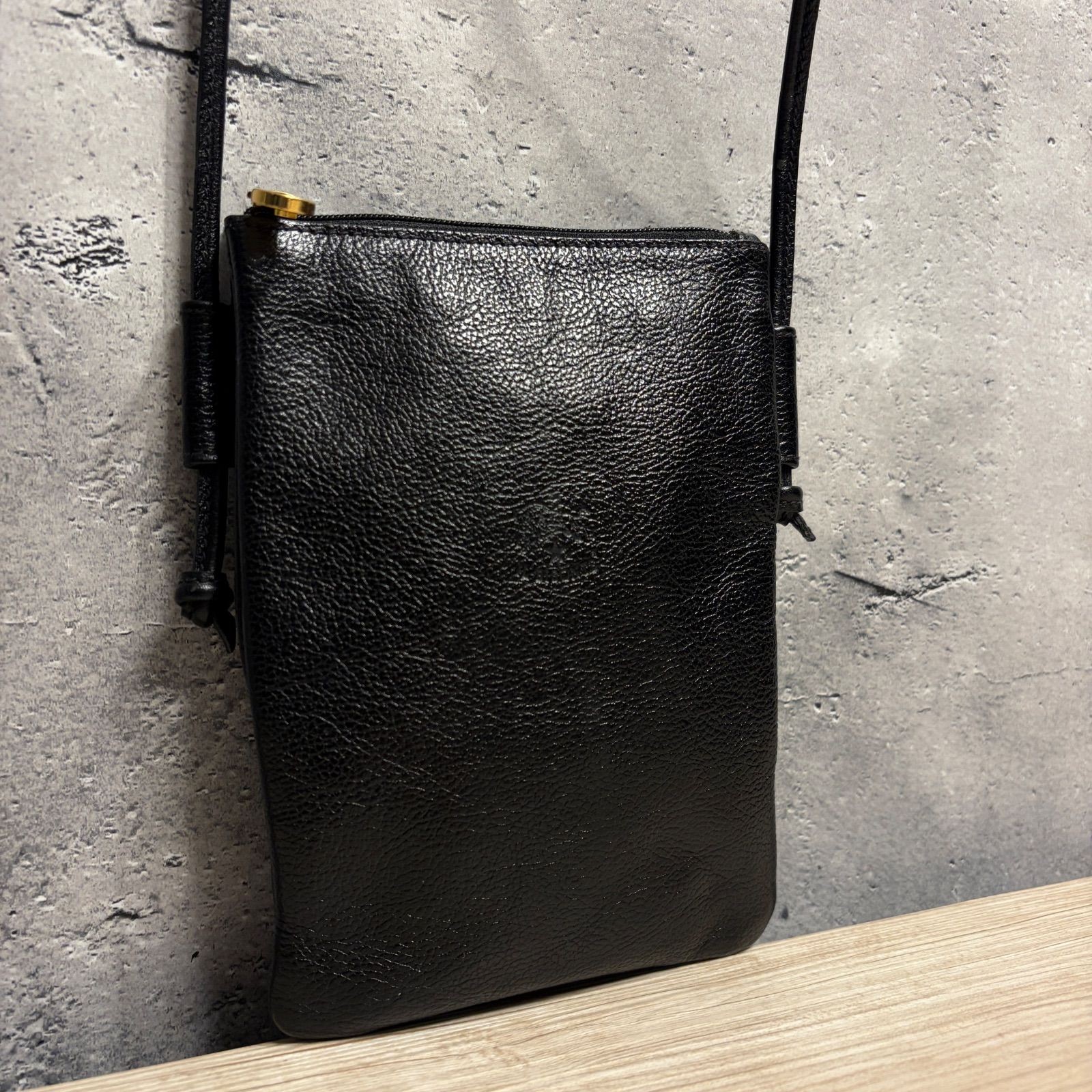 IL BISONTE Leather Mini Shoulder Bag Black Genuine Sacoche Pochette 18×13cm