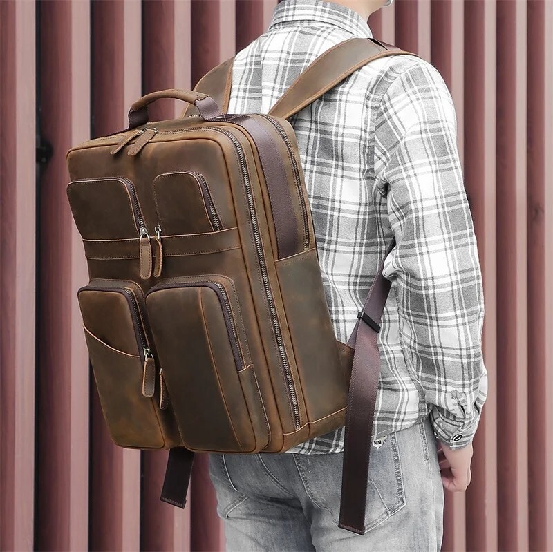 Men Vintage Leather Backpack Crazy Horse Leather 15.6” Laptop Travel Backpack