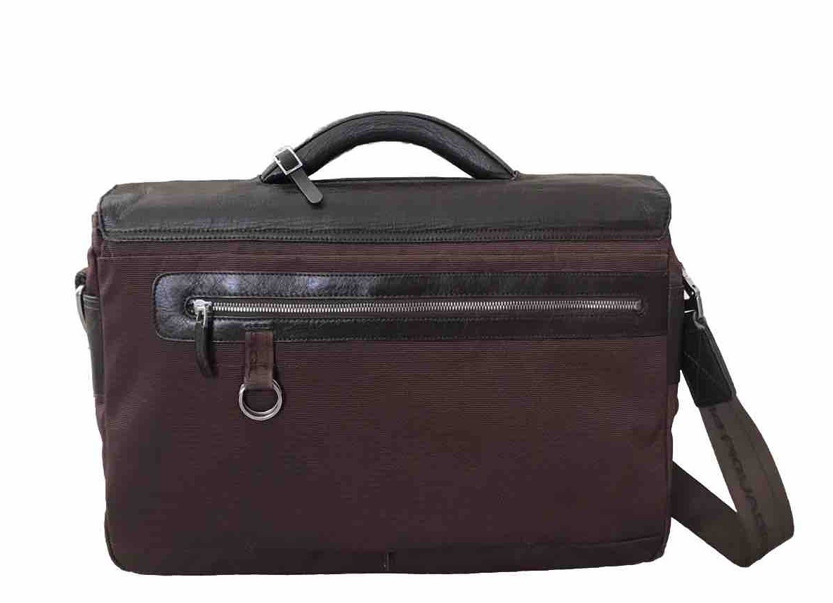 Piquadro Laptop Messenger Bag Brown Leather Fabric DZ8344 Expandable 16x12x5