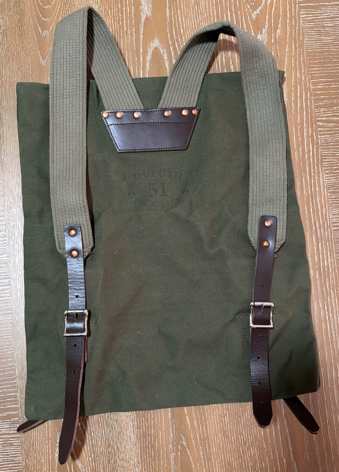 DULUTH PACK #51 Utility Backpack Olive Canvas w/Brown Leather Trim Adjustable