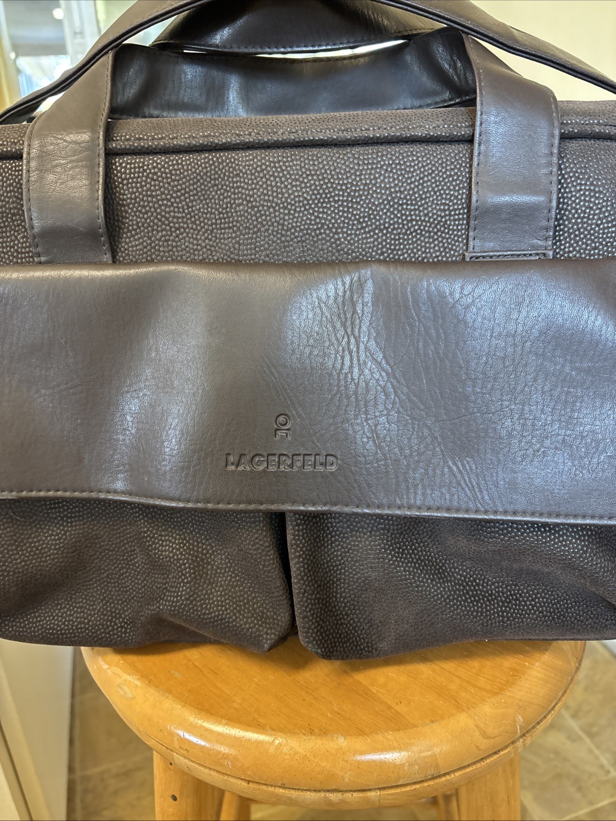 Karl Lagerfeld Duffle Bag Brown Faux Leather Travel Double Top Handles Gym Bag