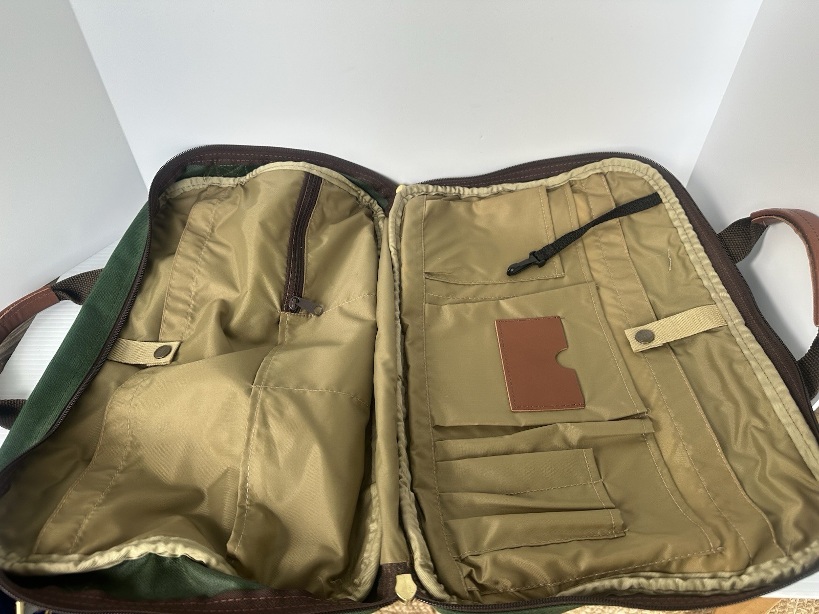 LL Bean Vintage Canvas/Leather Briefcase Laptop Bag Green Embroidered , No Strap