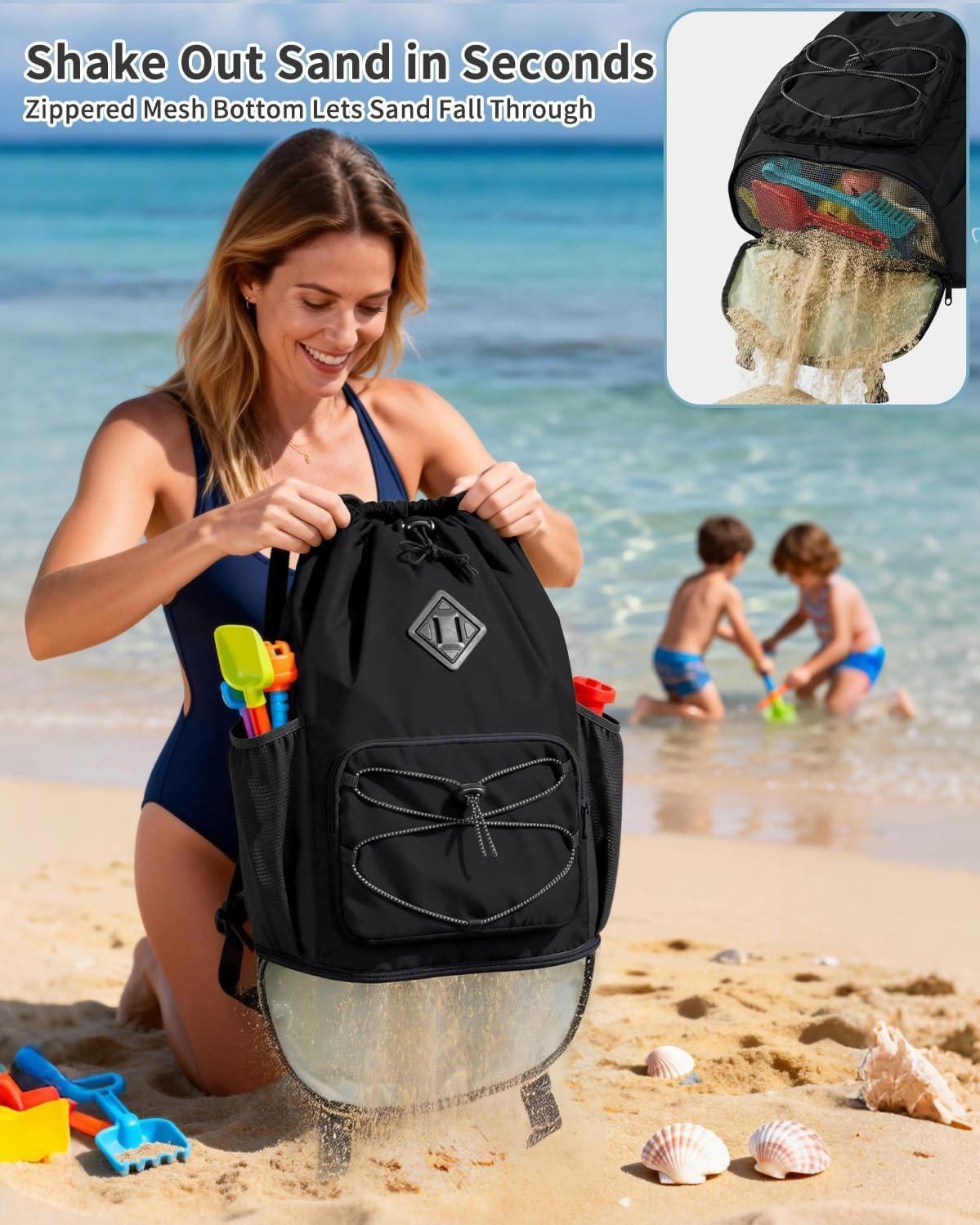 Drawstring Backpack with Removable Wet Pocket, Sandproof Beach Backpack