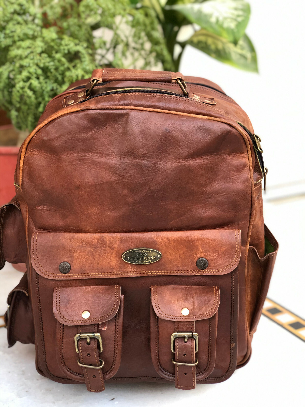 16″ Large Oversize Leather Multi Pockets Back Pack Rucksack Travel Bag For Men’s