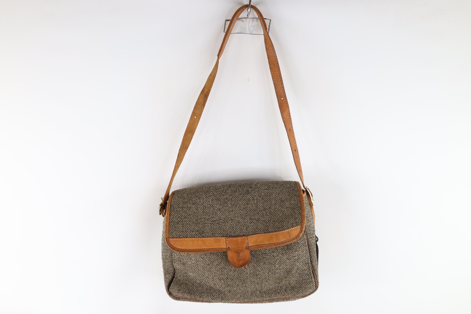 Vintage 70s 80s Streetwear Distressed Wool Tweed Leather Messenger Bag Briefcase