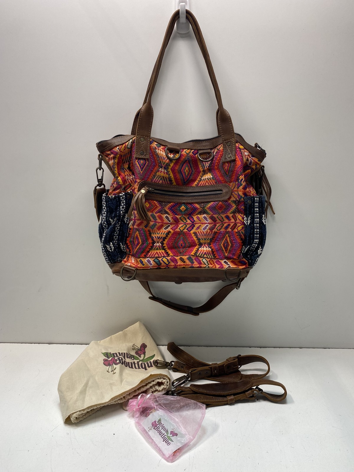 Hasta La Vista Exports Multicolored Leather Huipil Convertible Backpack Tote Bag
