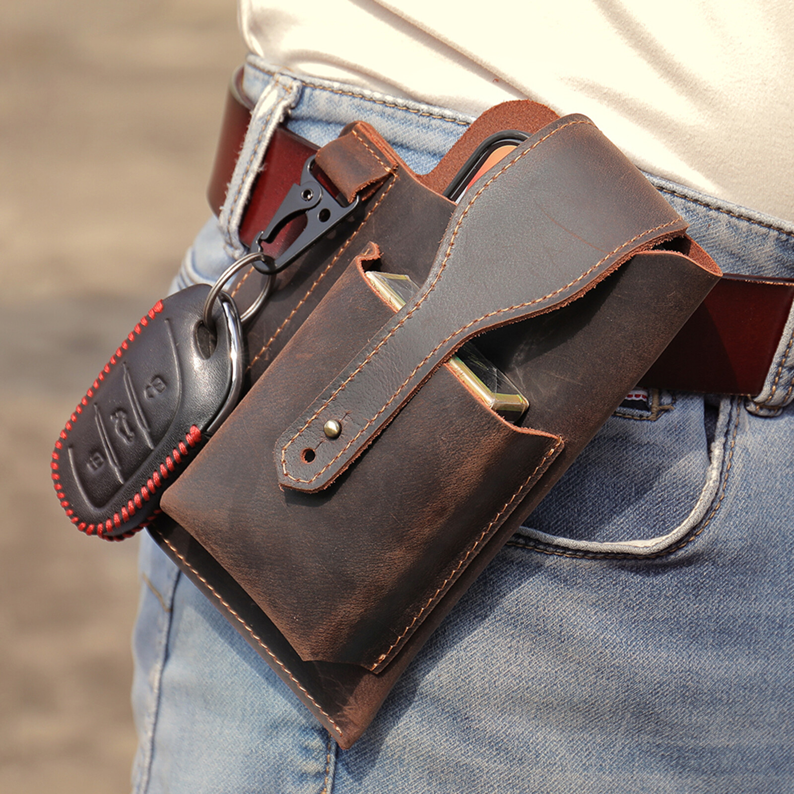 Men’s Leather Belt Pouch Phone Holder with Key Clip Vintage Waist Bag