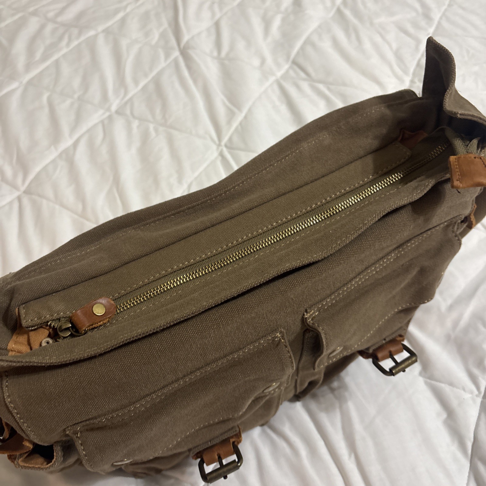 Kattee Canvas Messenger Bag Brown Leather Straps Snap Buckle Zip Adjustable Flap