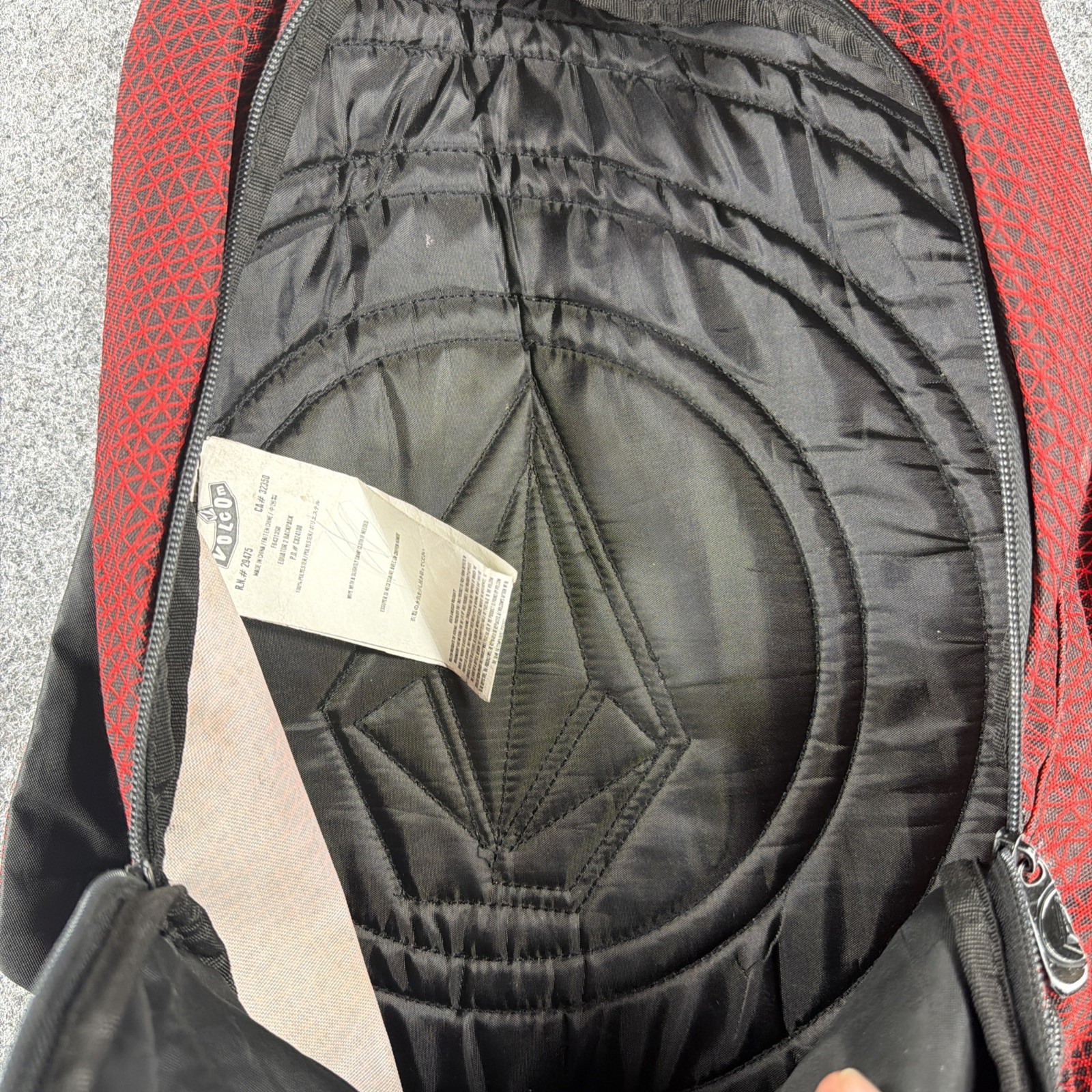VOLCOM Stone Logo Backpack Red Black Geometric Crosshatch Grid Skate School Bag