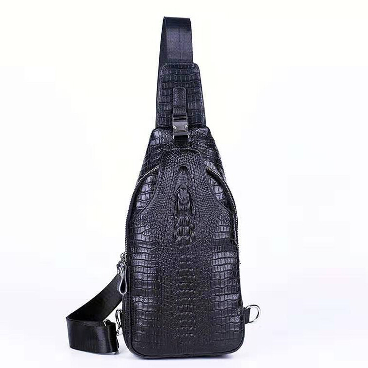 Genuine Leather Sling Backpack, Crocodile Pattern Men‘s Crossbody Shoulder Bag