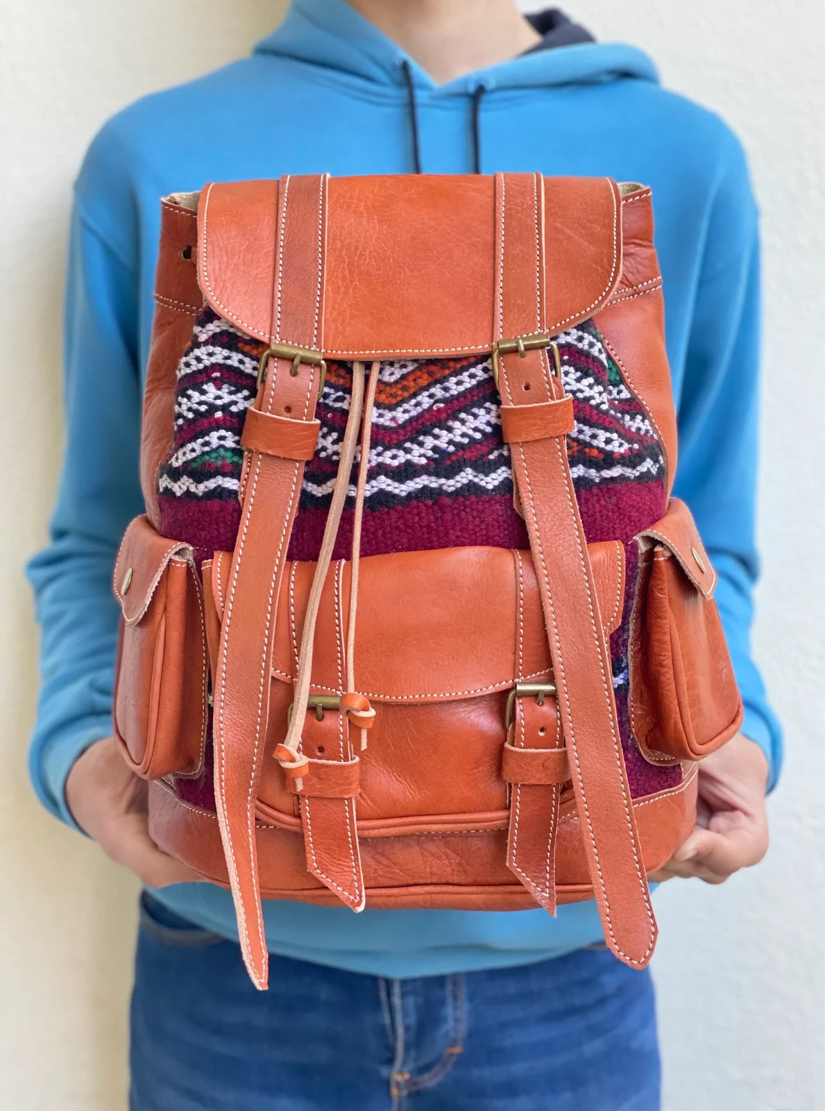 Handcrafted Genuine Leather & Red Kilim Backpack – Cognac | Leather Strap