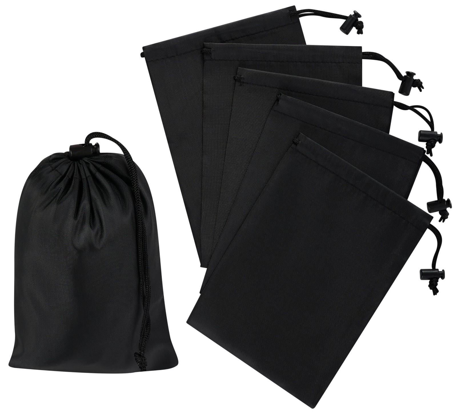 Drawstring Bag Toggle Nylon Cinch Ditty Pouch, Six Pack Black 5×7 Inch Set of 6