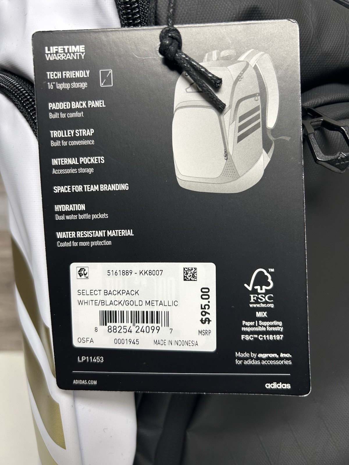 *RARE* Adidas SELECT Backpack White Black Gold Metallic KK8007 Limited Edition