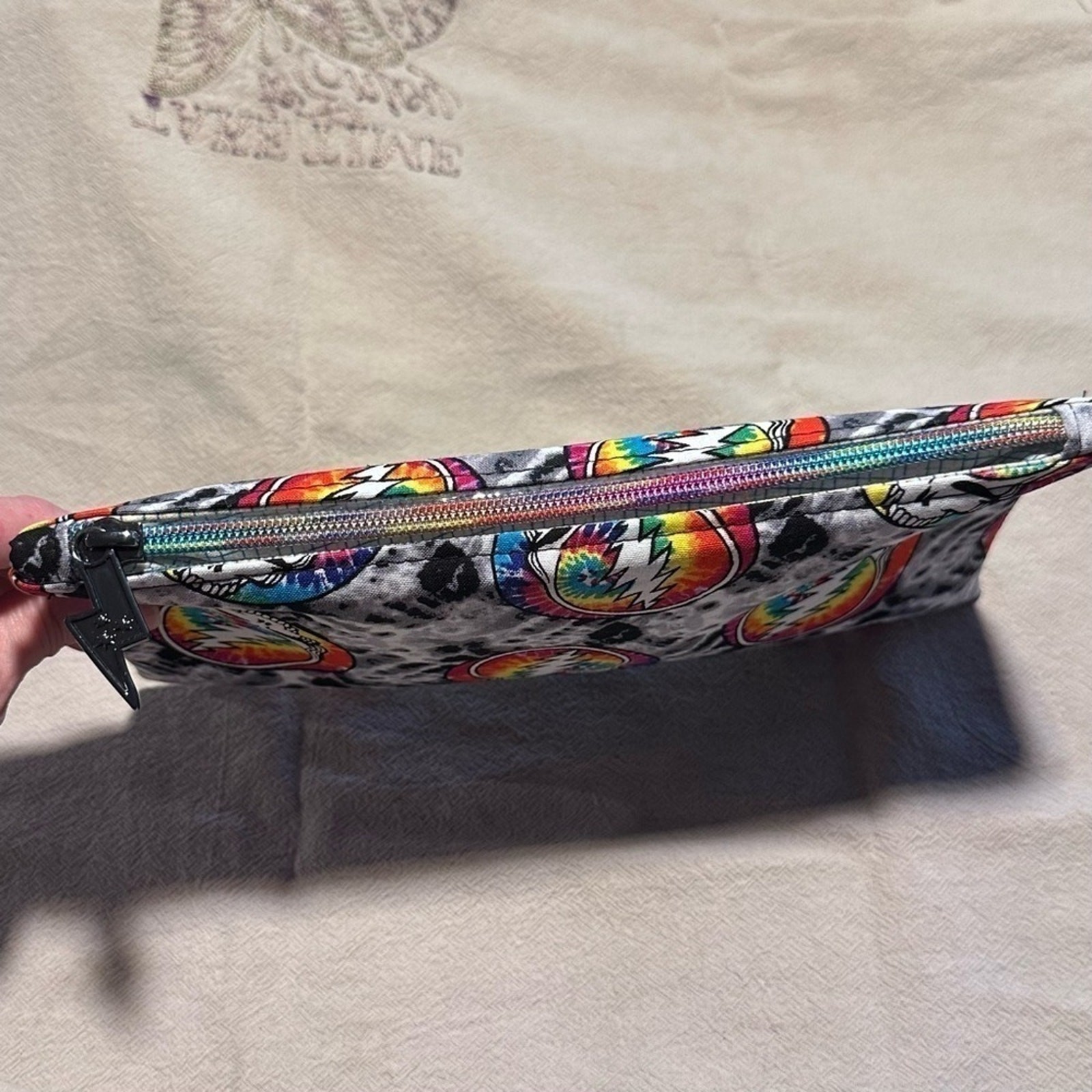 Grateful Dead lightning bolt zipper Rainbow cosmetic bag tie dye cotton