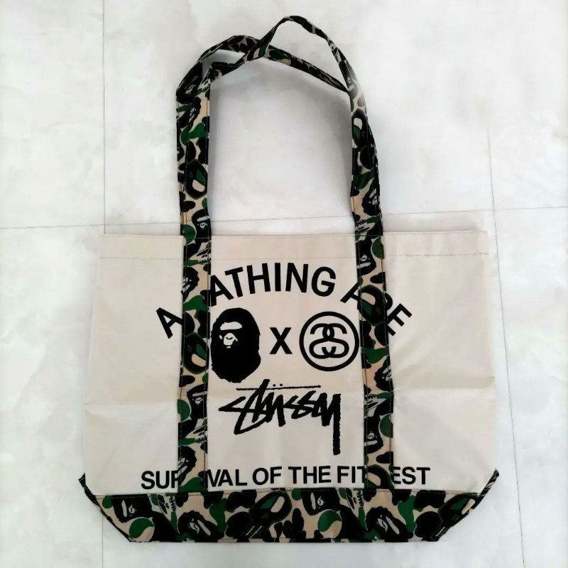 [Unused] A BATHING APE x STUSSY Logo Printed Nylon Tote Bag Limited From JAPAN