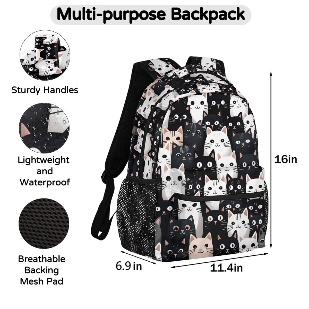 Black White Cat Laptop Backpack Lightweight Travel Casual Daypack 16 Inch