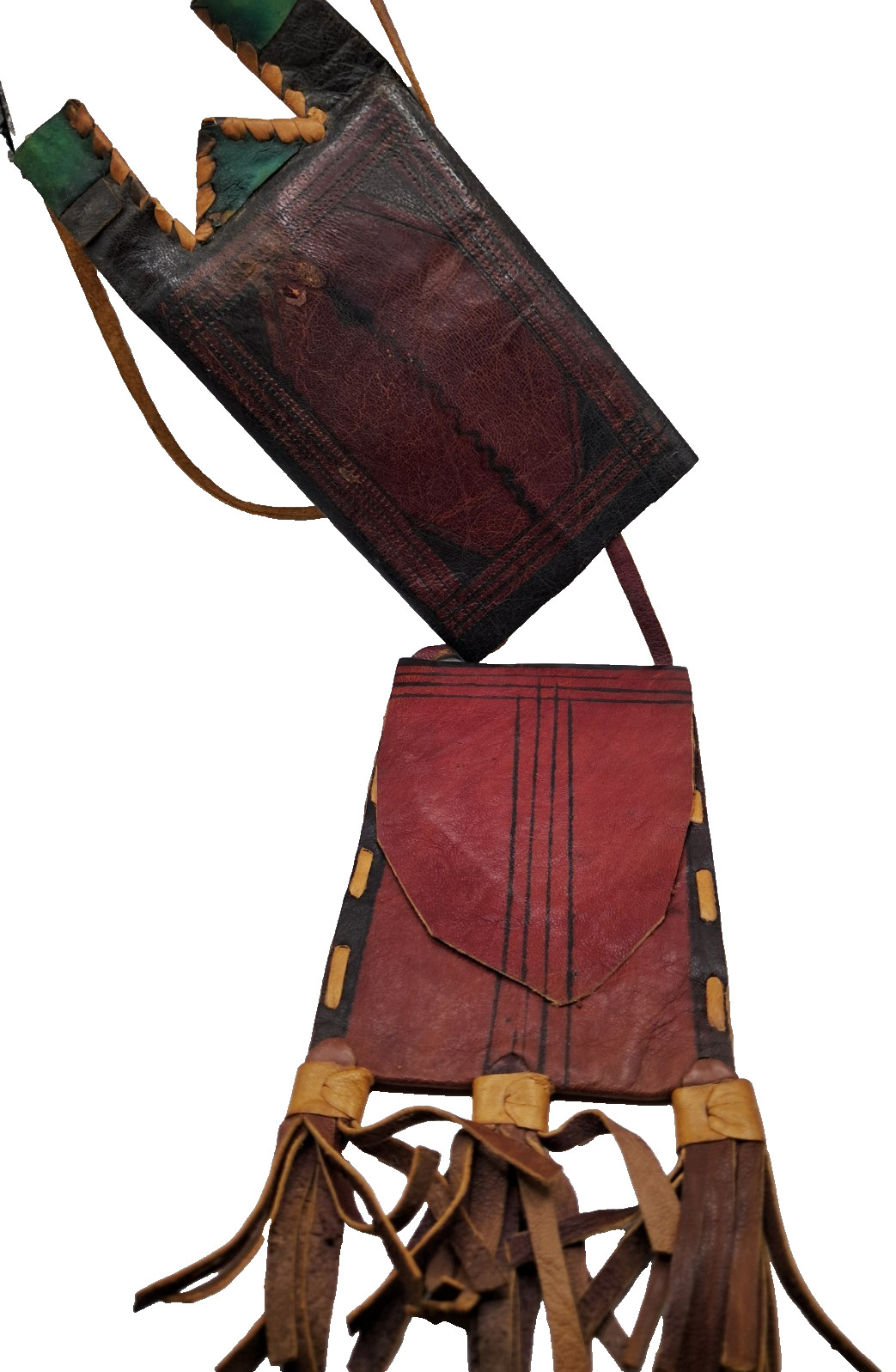 Primitive Hand Made Art Design Leather Medicine Pouch Bag Strap 2 Pockets 9″