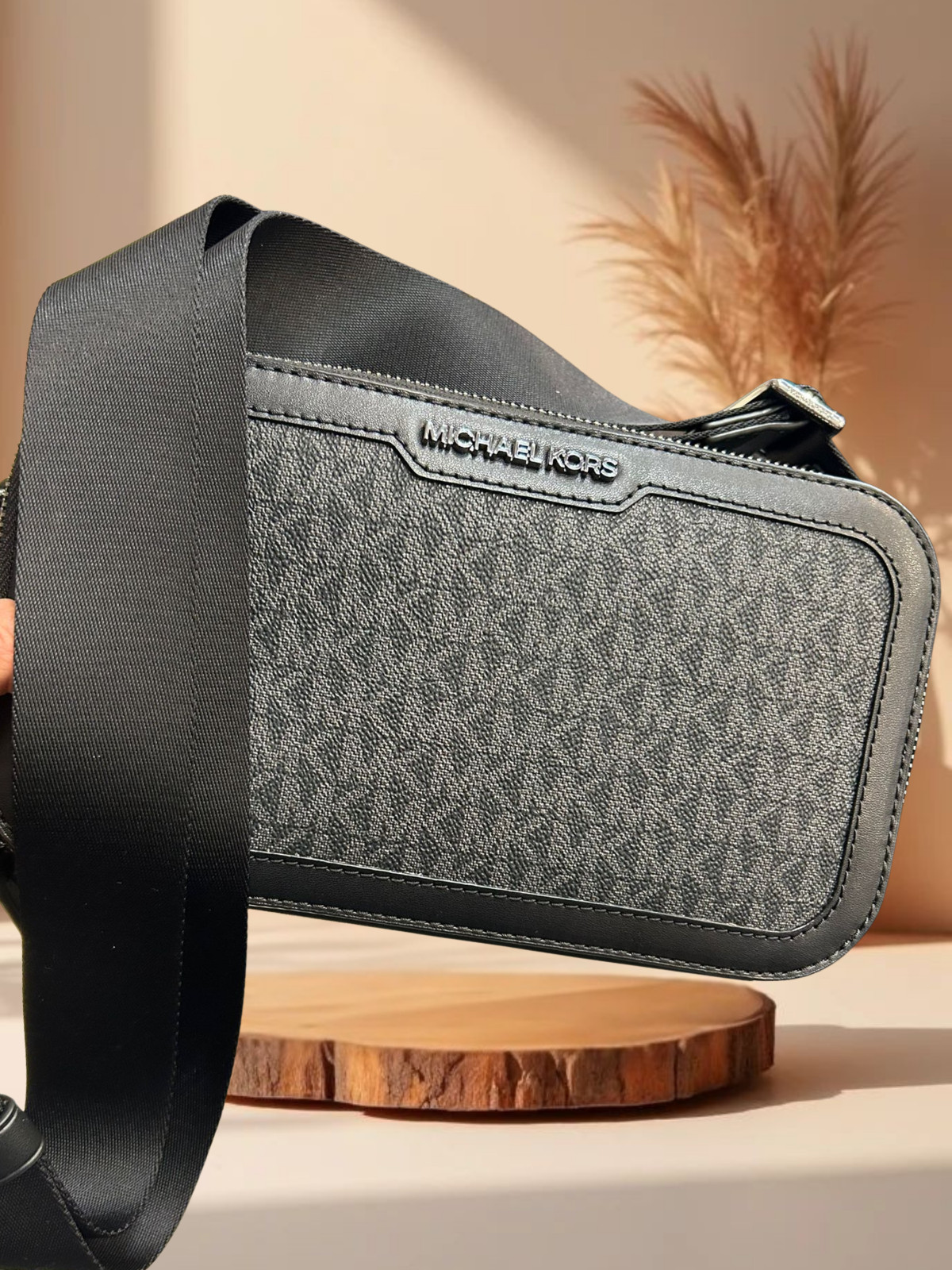 Michael Kors Cooper Men Signature Logo Double Zip Long Crossbody Bag Black