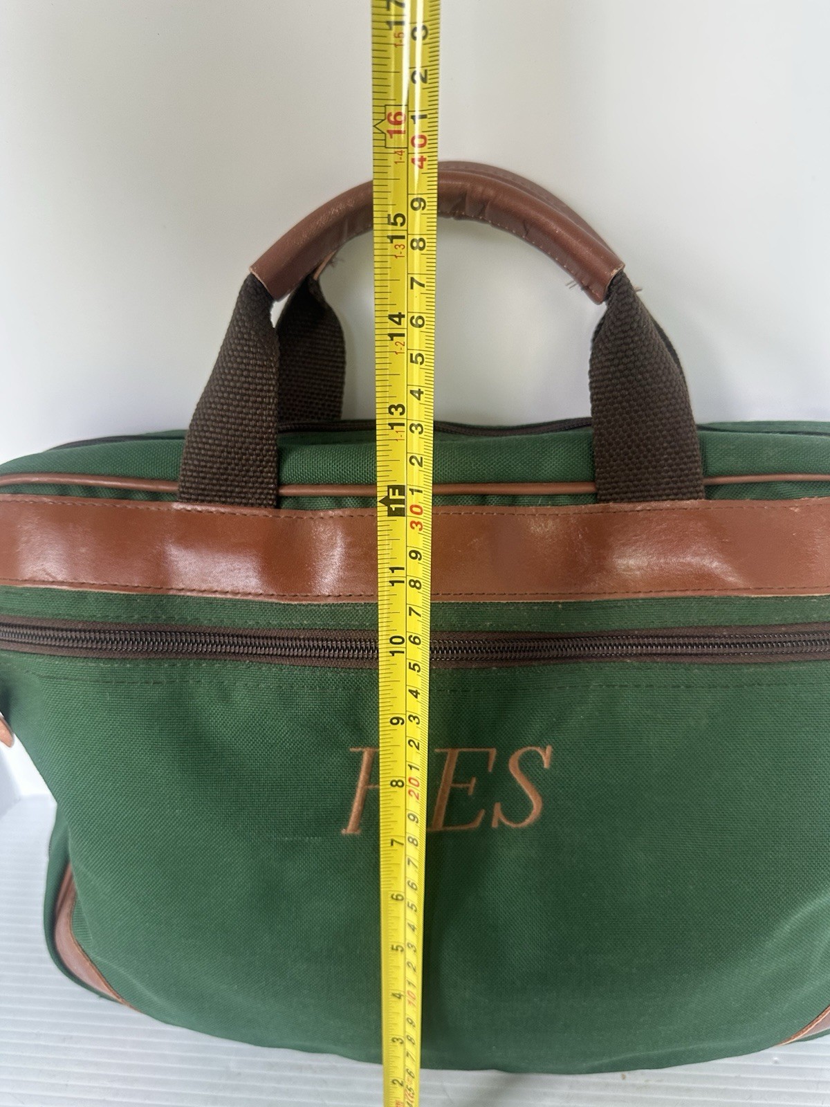 LL Bean Vintage Canvas/Leather Briefcase Laptop Bag Green Embroidered , No Strap