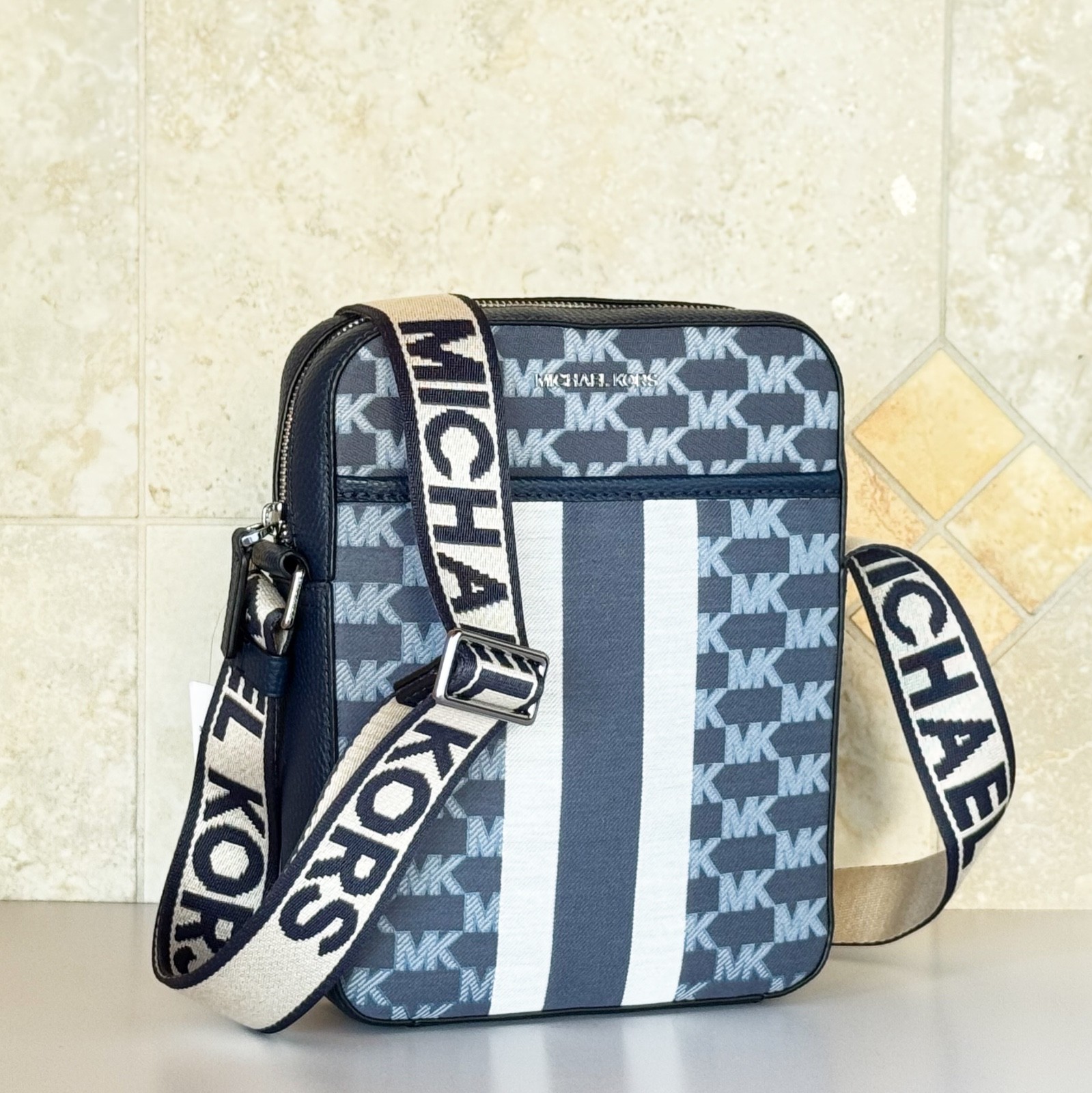 Michael Kors Cooper MD Shoulder Crossbody Flight Bag MK Center Stripe Navy Multi