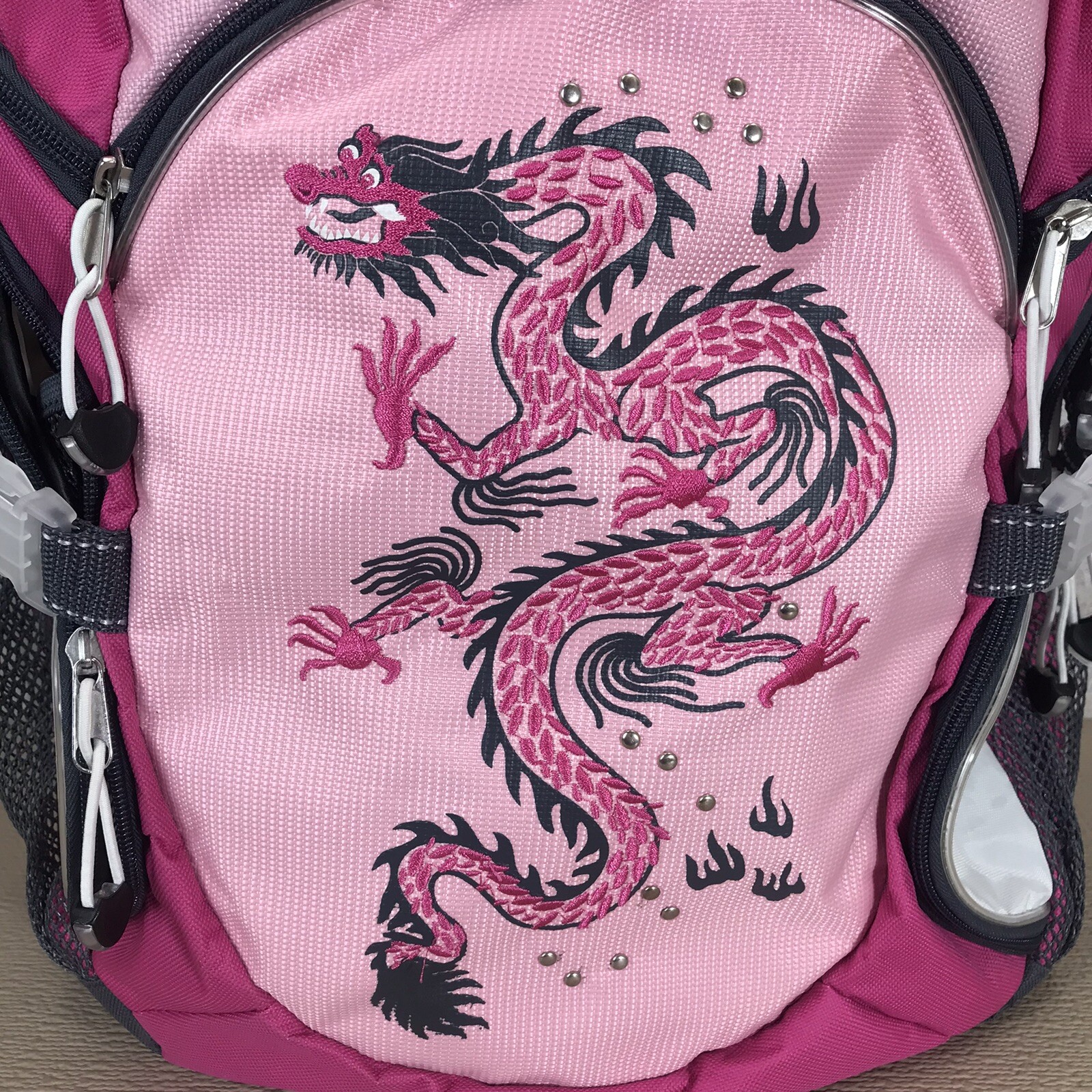 Athletech Pink Backpack Embroidered Dragon Pockets Water Bottle Pocket