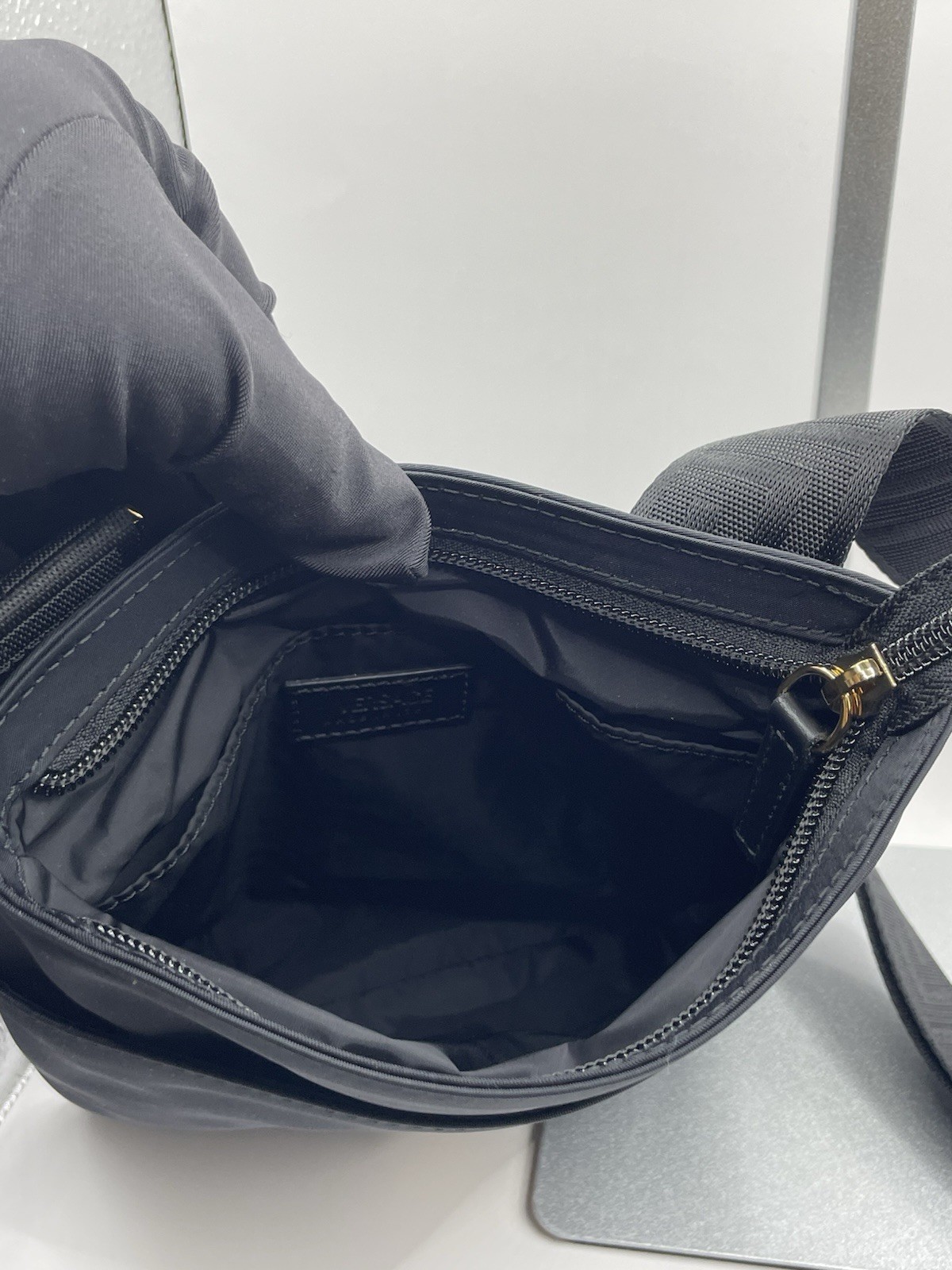 VERSACE Flat Crossbody Bag Fabric Calf Leather Black $800 Retail