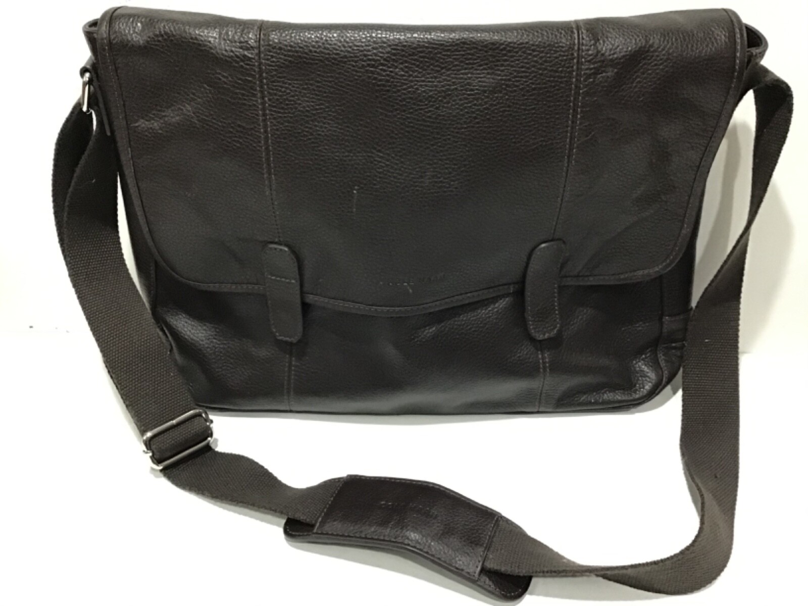 COLE HAAN Laptop Messenger Bag Brown Pebbled Leather 12x15x2.5 In Back Pocket