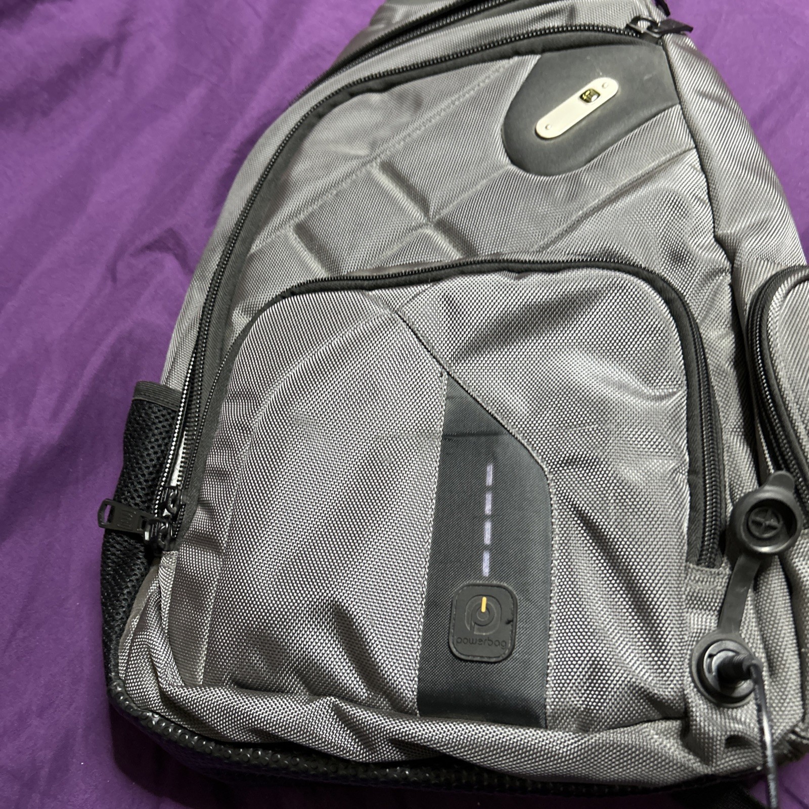 Powerbag Gray Sling Backpack Crossbody w/ Powerbank, Zip Pockets Travel