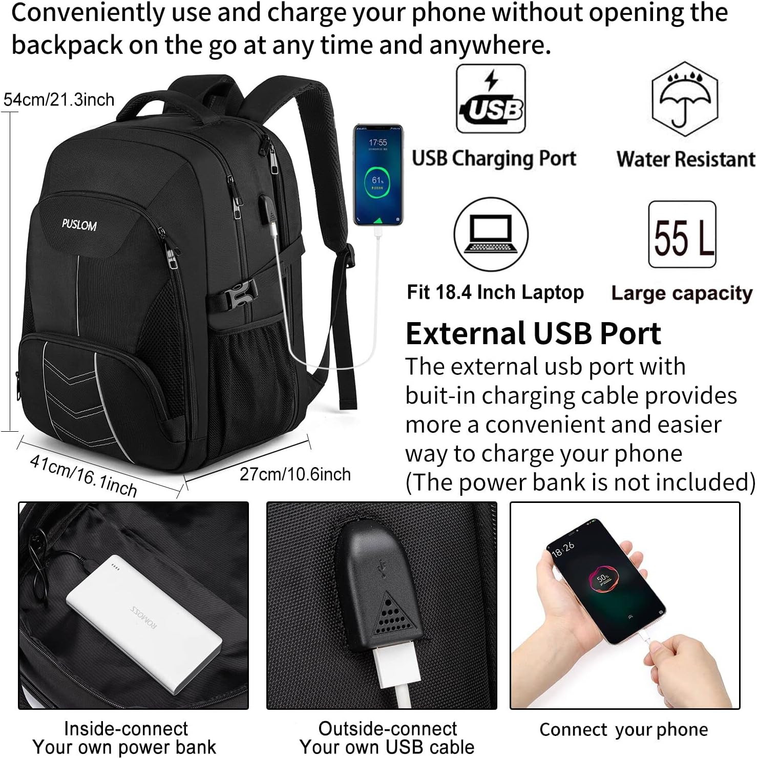 55L Extra Large Laptop Backpack 18.4″ TSA Carry On USB Travel School Bag Black