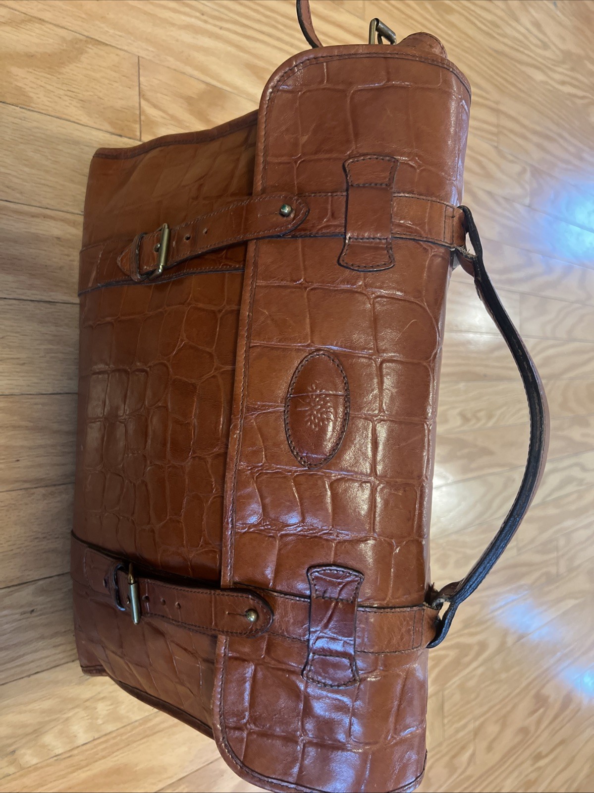 Mulberry Brown Leather Briefcase Messenger Bag Croc Embossed