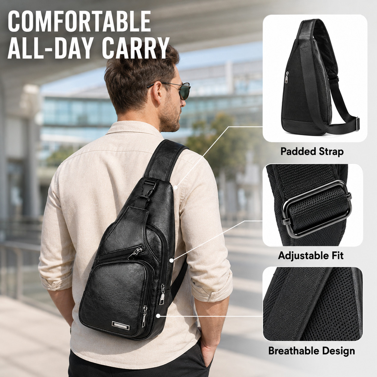 Black Chest Crossbody Bag Sling Backpack for Men with USB Charge Port Hole
