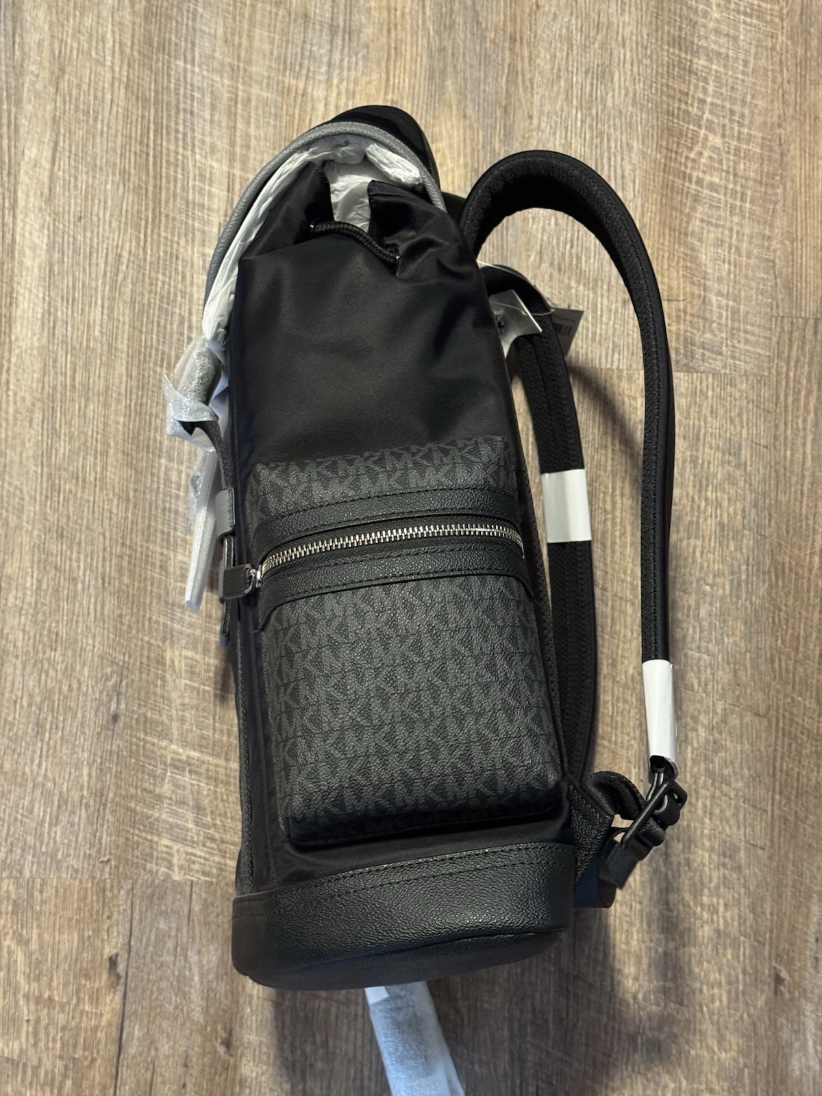 Michael Kors Logo Monogram Backpack (Black/Gray), Flap Closing and Zip Pockets