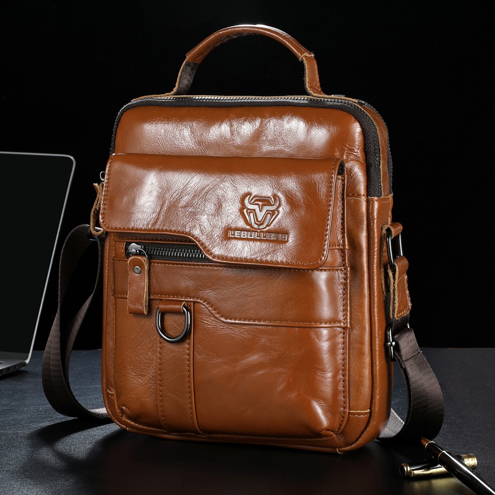 Men’s Genuine Leather Crossbody Bag Shoulder Messenger with Handle Multi-Pocket