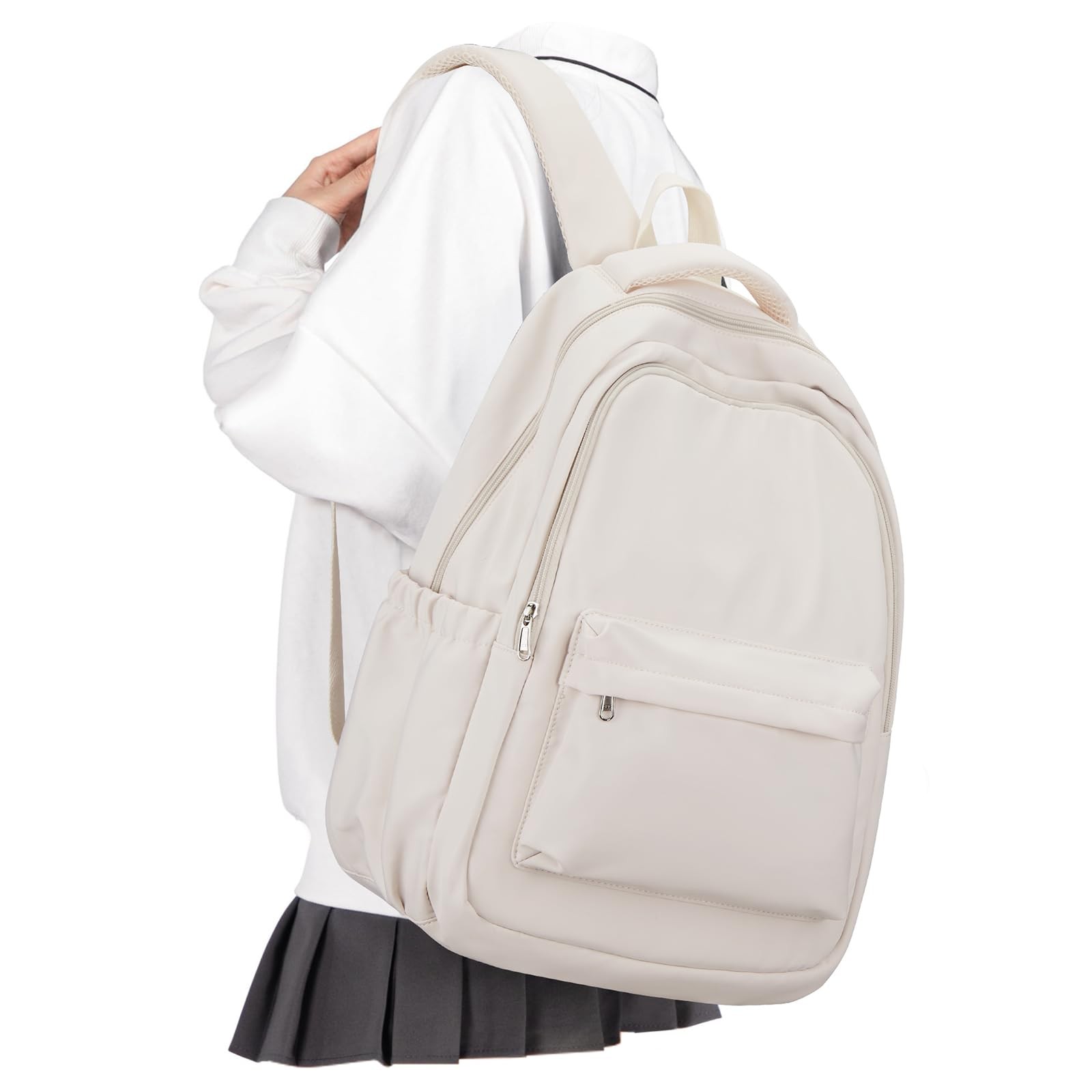 Beige Lightweight School Backpack, Laptop, Travel Daypack, College, Teen, Boys