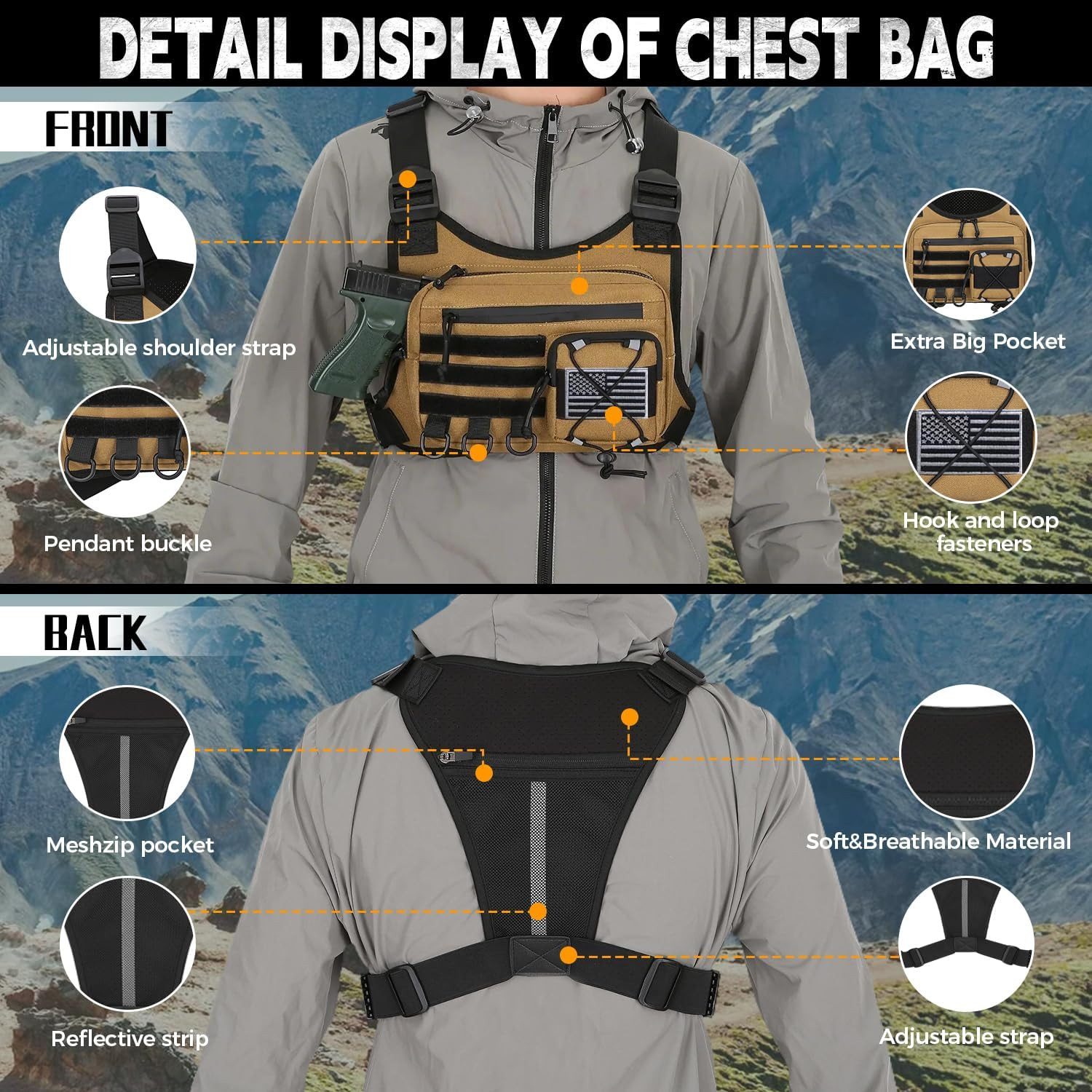 Outdoor Sports Chest Bag for Men, Chest Vest Holster Fits Most Pistols, EDC Trav