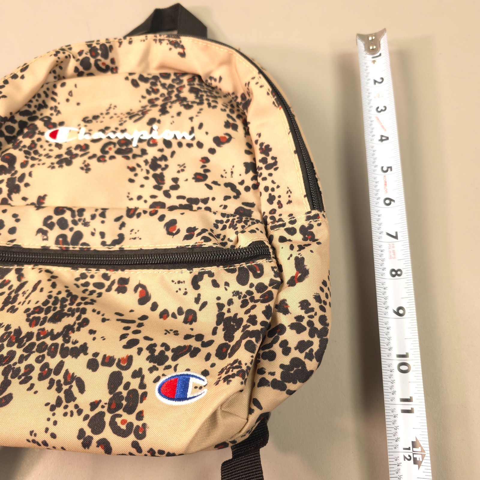 Champion Small Backpack Beige Animal Print Embroidered Logos Adj Straps *New*