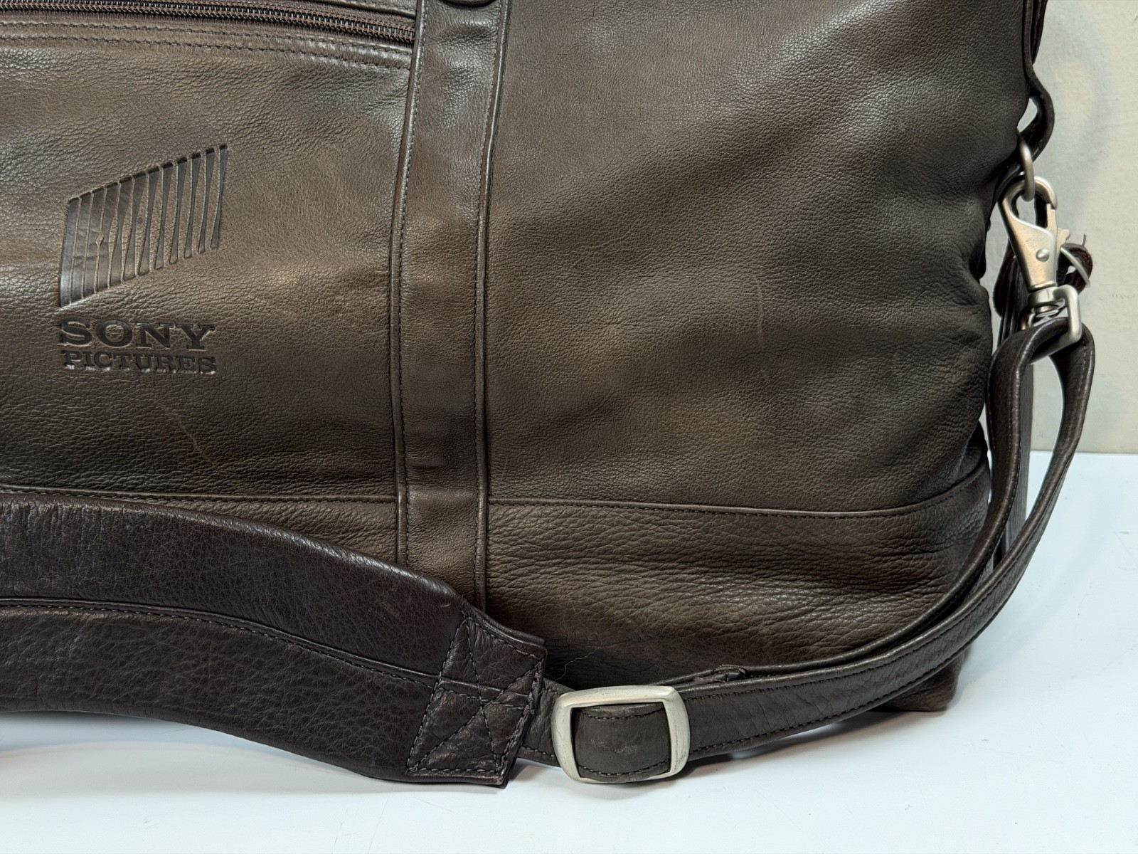 Vintage Brown Leather Duffle Bag Weekender Sony Pictures Promotional 22x13x8