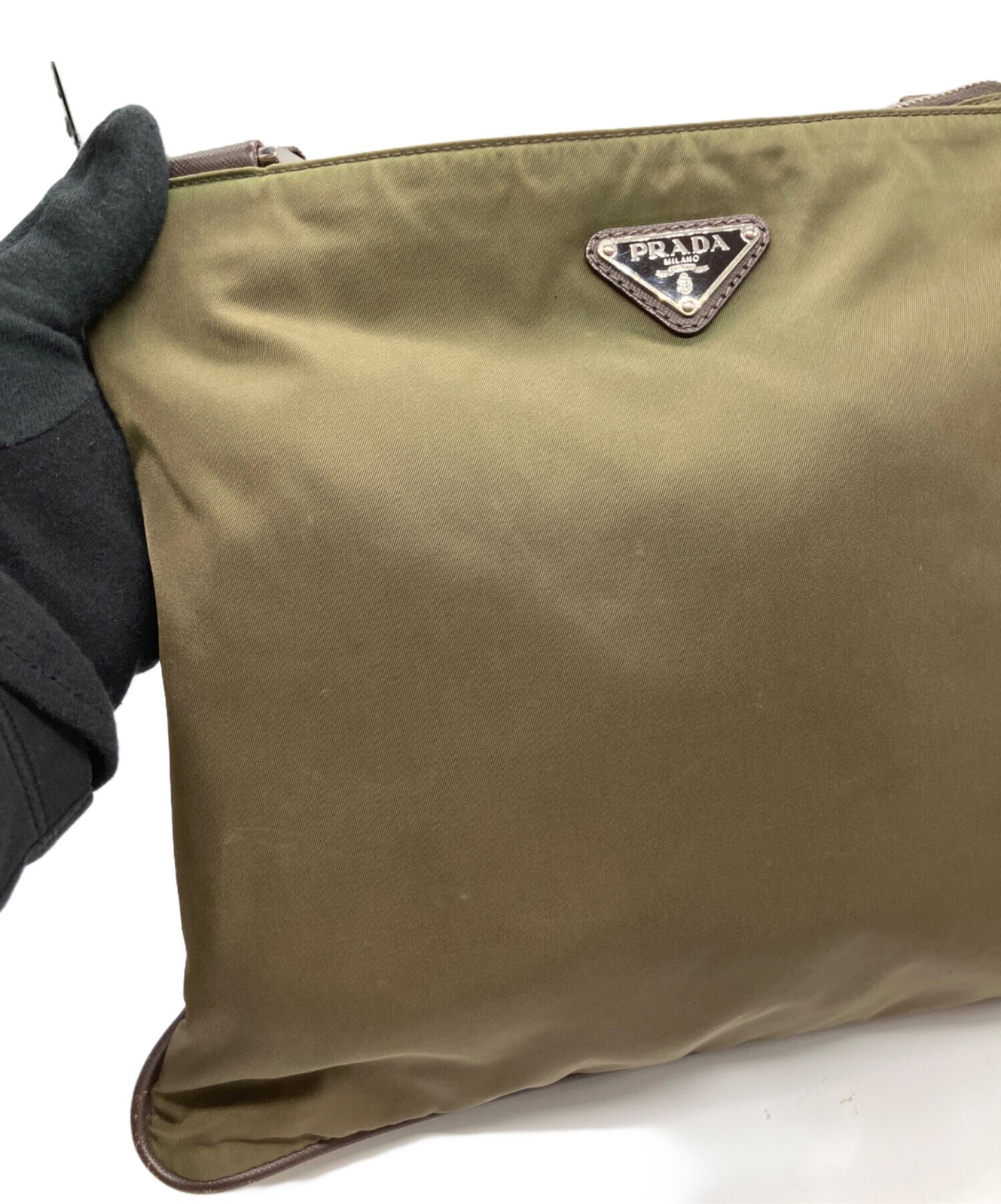 PRADA Men’s Olive Nylon Shoulder Bag with Dust Bag 29x26x5cm Metal Auth