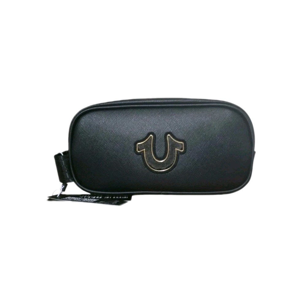 🔥True Religion Men Vemo Toiletry Bag Horseshoe Logo Black/Gold 2 Travel Bottles