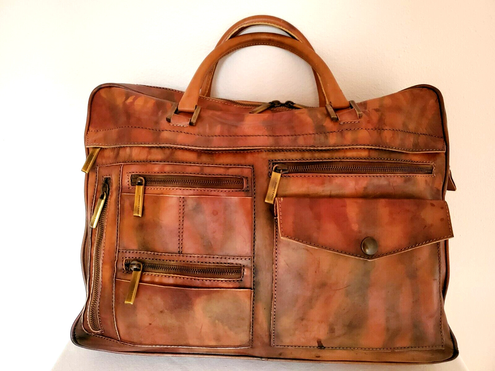 Dolce Gabbana leather briefcase work bag travel beige brown tan Gray black camo