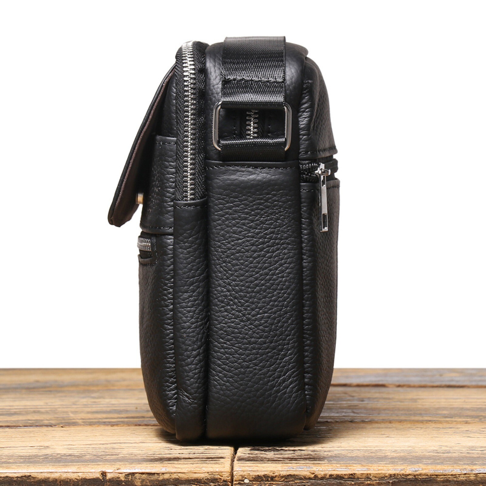 Men’s Leather Shoulder Bag Small Crossbody Multi-Pocket Travel Bag Black
