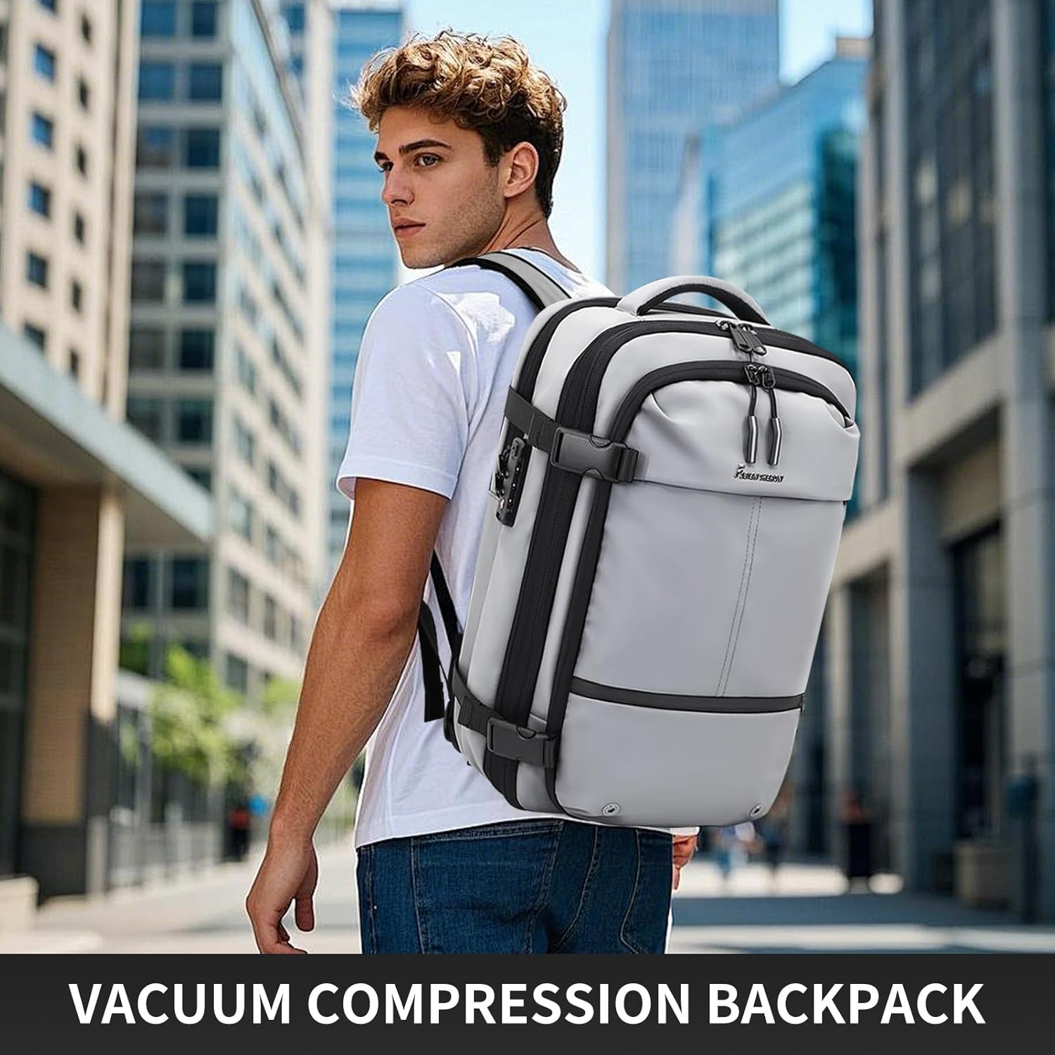 60L Expandable Travel Backpack with Vacuum System & TSA Lock – Grey