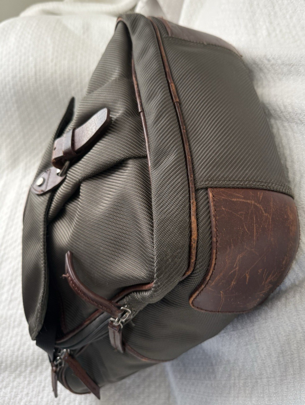 Filson Utilitarian Backpack Olive Green Brown Leather Trim Laptop Travel Bag