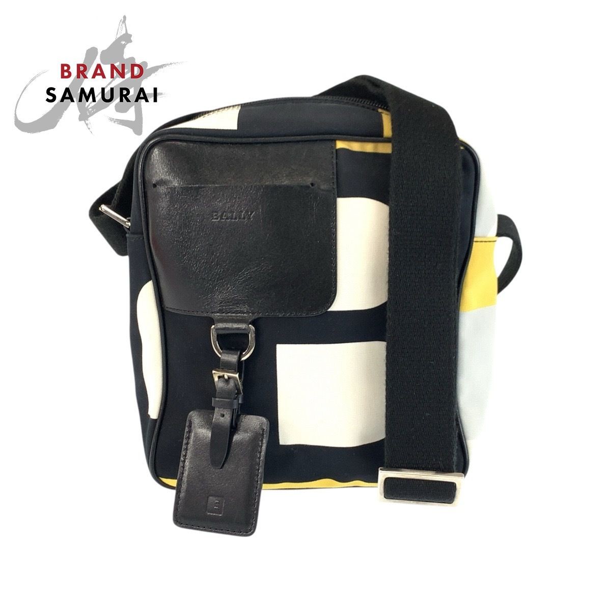 Authentic BALLY Men’s Shoulder Bag Leather Canvas 21x23cm Black Yellow Gray Silv