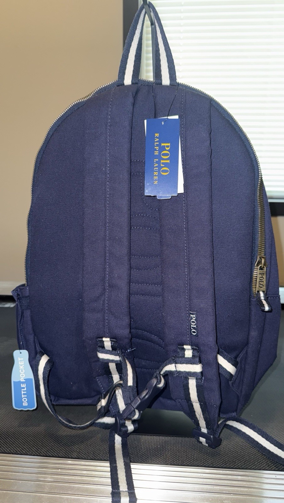 Polo Ralph Lauren Navy Backpack American Flag Patch Zip Pockets Adjustable