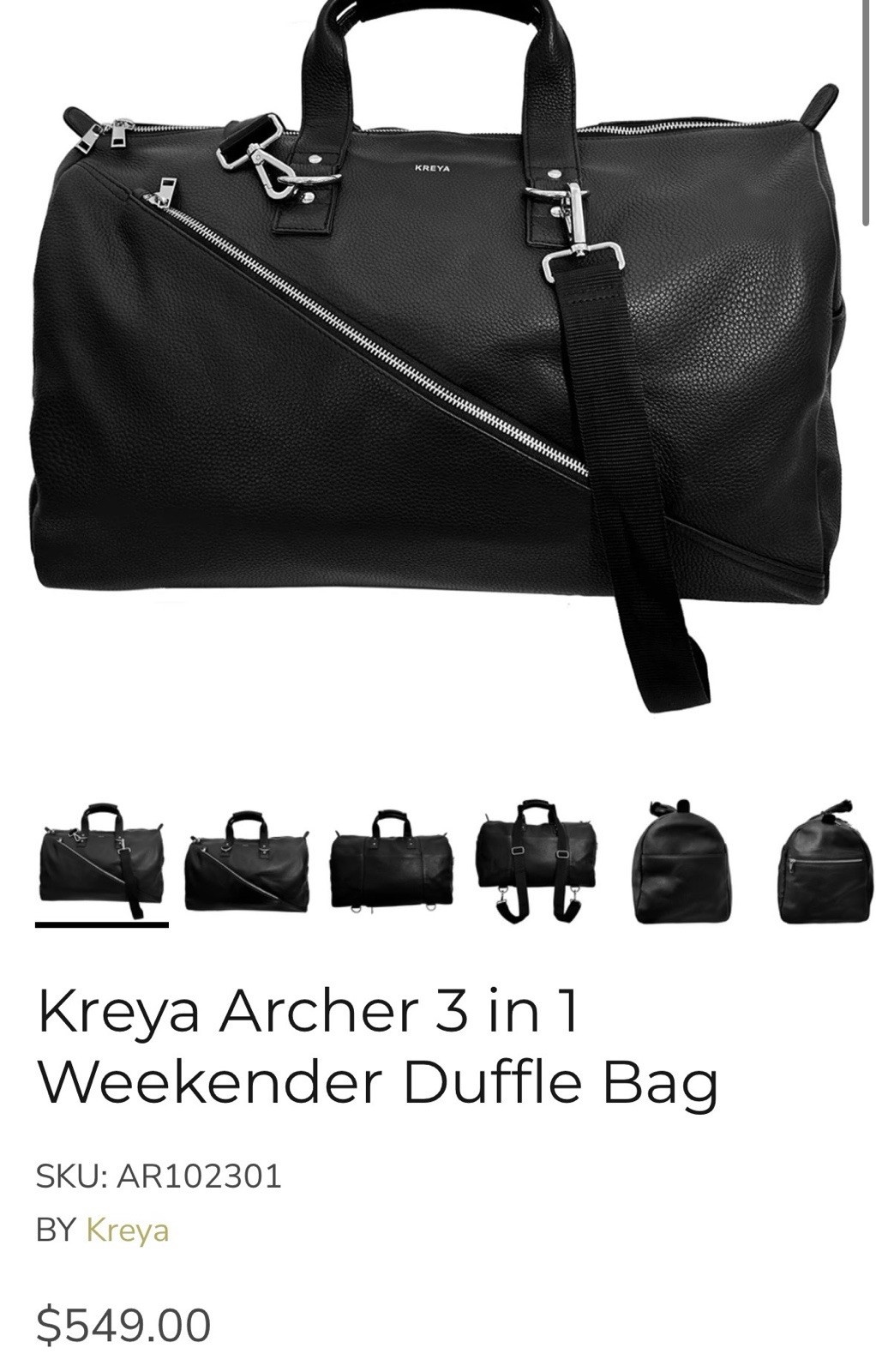 Kreya Archer Convertible Bag Black Pebbled Leather Duffel Backpack 3-in-1 Travel