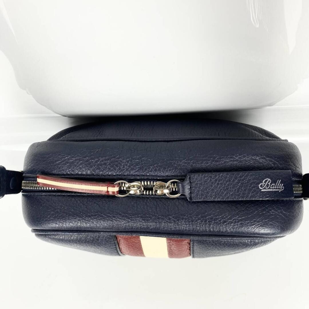 Bally Trainspotting Navy Leather Shoulder Bag Mens Striped Logo 26.5cm